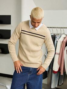 Manfinity Homme Men's Casual Striped Crew Neck Raglan Sleeve Sweater, Autumn Everyday Comfort Thick Graphic Airy Whites Slim-Fit Going Out - Multicolor - View 5