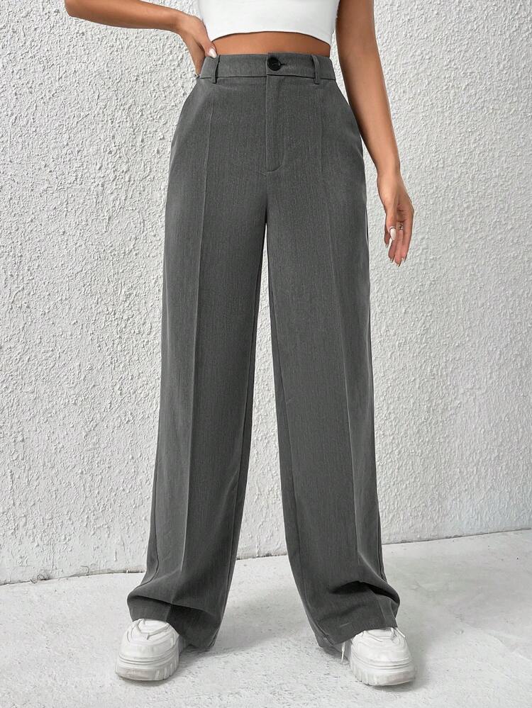 Spring Solid Dark Grey High Waist Suit Straight Pants In Fall/Winter