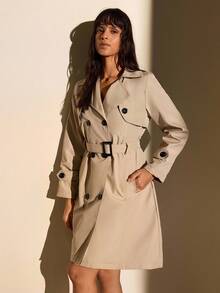 CLARA VERO Women Solid Color Button Detailed Long Winter Coats - Light Grey - View 7