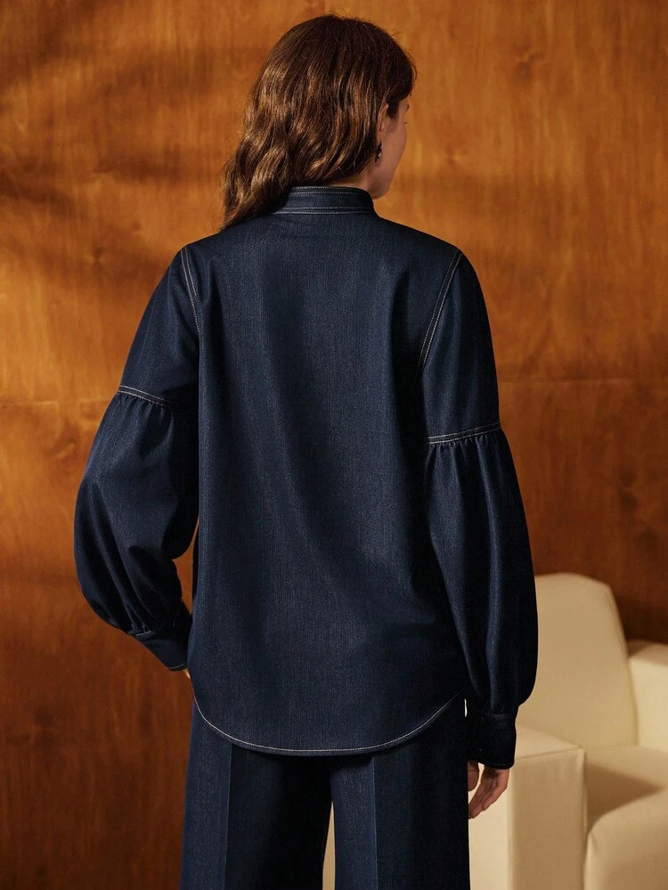 Elegante Stehkragen Langarm Schleife Bluse, vintage blaue Hemdbluse für Frauen, geeignet für Pendeln, Herbst, Winter, Neujahr, elegant, chic, stylisch, Weihnachten, Ausgehen