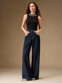 Anewsta Diamond Embellished Women's Blue Jeans, Street Style - Light Wash - View 6