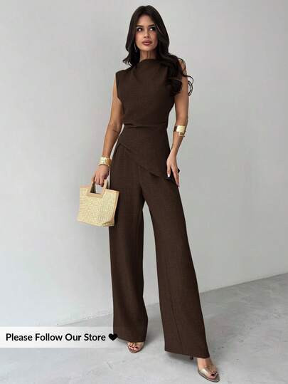 Firerie Khaki Minimalist Elegant Casual Commute Office Outfit: Sleeveless Asymmetric Ruched Waist Women's Blouse + Regular Ruched Wide Leg Women's Pants, Linen Commute Suit, Beach Outfits For Women, Airport Outfit, Vacation Outfits, Teacher Outfit