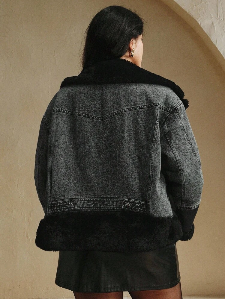 Plus Size Women's Dropped Shoulder Long Sleeve Zipper Front Casual Patchwork Faux Fur Loose Motorcycle Jacket, Autumn/Winter