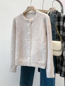 Franclia Fashionable Car Lace Trim Crew Neck Long Sleeve Sweater Fall Winter Cloth For Women - Grey - View 1