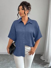 Elenzga 大码女式纯色露背圆环连接短袖宽松休闲衬衫 - 藍色 - 查看 2