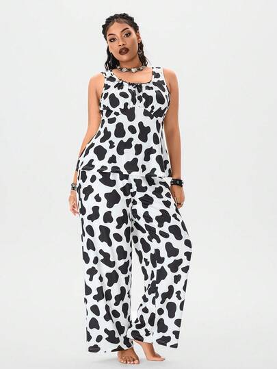 Kawaii Ensemble de pyjama casual avec débardeur et pantalon imprimé vache, grande taille, été