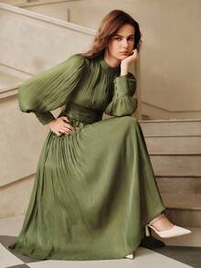 Savoree Unique Shiny Fabric Puff Sleeve Waist Patchwork Maxi High Waist Dress - Olive Green - View 5