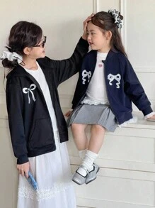 Genkimix Kids 女童休闲时尚运动插肩袖宽松蕾丝蝴蝶结刺绣贴花蕾丝边甜美时尚夹克外套 - 藏蓝色 - 查看 1
