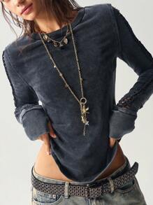 Bohemela 秋季大码休闲镂空圆领水洗长袖T恤 - 黑色 - 查看 5