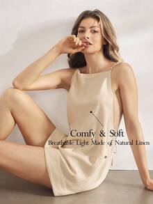 Ocili Leisure Natural Linen Comfortable Spaghetti Strap Shell Button Lace-Up Sleepwear Nightgown For Women - Apricot - View 1