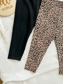 SHEIN 2 件 Babygirl 休闲豹纹松紧腰针织裤，百搭秋冬 - 彩色 - 查看 5