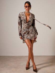 COSMINA Women's Elegant Asymmetrical Leopard Print Plunging Neck Mini Dress, Autumn/Winter - Multicolor - View 1