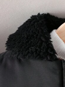 SHEIN Young Girl' Casual Cool Black Quilted Fabric Patchwork Faux Fur Collar & Lining Thick Padded Coat, Autumn/Winter Fall - Black - View 7