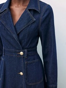 Maija 女式休闲前扣腰收腰长袖牛仔连衣裙，秋季 - 深色水洗藍 - 查看 4