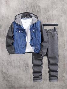 2 件套青少年男童时尚蓝黑牛仔布拼接连帽牛仔夹克 + 黑色牛仔紧身裤套装