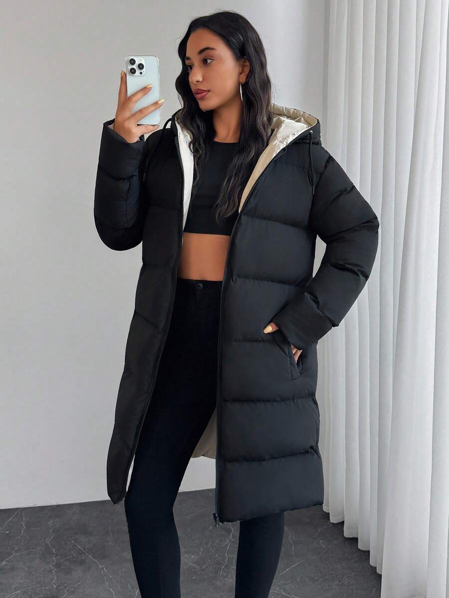 SHEIN Tall معطف شتوي طويل مبطن ذو سحاب وجيب مزدوج الجانب لموسم الخريف والشتاء - الأسود - مشاهدة 1