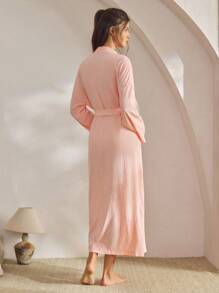 Ocili 女士长款粉色V领休闲睡袍，落肩袖设计，前襟打结，适合秋冬季穿着 - 黑色 - 查看 2