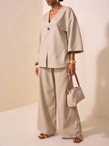 Zivah 2025 New Music Festival & Graduation Series, Collegiate Style, Student Wear, Versatile Daily Casual, Vacation, Beach, Sunbathing, Street Fashion V-Neck Apricot Linen Long Sleeve Shirt And Wide Leg Pants 2Pcs Set - Apricot - View 3