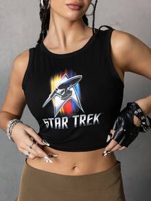 STAR TREK X SHEIN Camiseta sin mangas casual y cómoda de verano para mujer, color negro, con gráfico de cohete y letras en inglés
