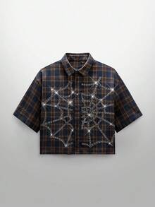 NEON BLANC Men's Short Sleeve Plaid Shirt With Halloween Spider Web