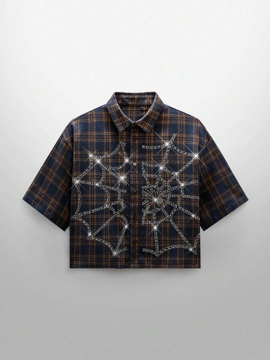 NEON BLANC Men's Short Sleeve Plaid Shirt With Halloween Spider Web