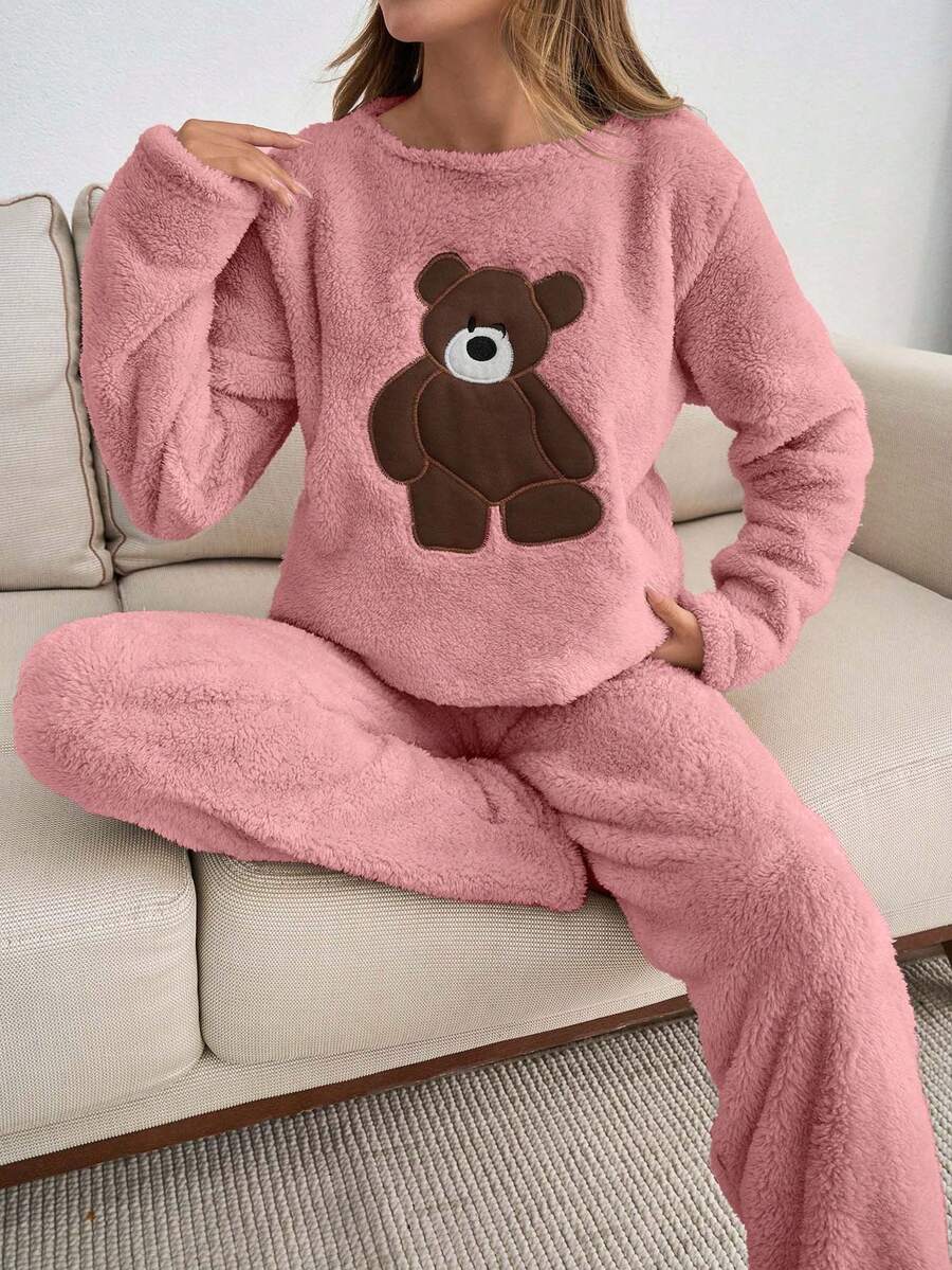 EURMUSE 2pcs Plush Bear Embroidery Detail Homewear PJ Set - Dusty Pink - View 1