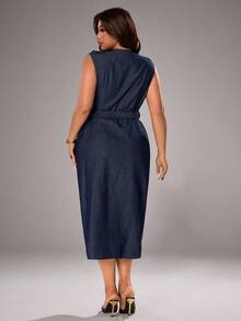 SHEIN ICON 大码女式褶饰单排扣圆领无袖褶饰修身牛仔连衣裙 - 藍色 - 查看 2