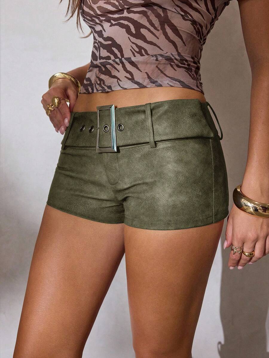 Aloruh Women's New Arrival Grey Tie-Dye Washed PU Mini Shorts With Belt, Vintage Distressed Style