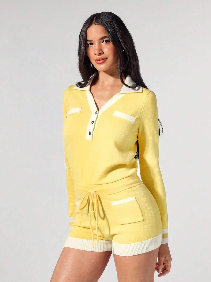 Menodora SHEIN Sport 秋冬女式撞色长袖 Polo 领休闲抽绳腰针织连体衣 - 黃色 - 查看 1