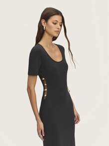 SHEIN Unity Midi Dress V Neck Body With Pearls Detail Sides. Spring Summer - Black - View 4