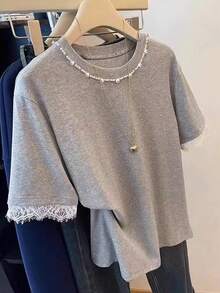 Damen Große Größen Sommer T-Shirt mit rundem Ausschnitt, Kurzarm und Kontrast-Spitze, Lässig