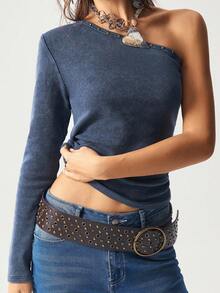 Bohemela 1pc Women's Casual Solid Color Knit Slim Fit Washed T-Shirt - Blue - View 2