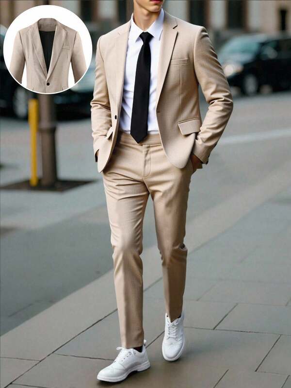 SHEIN 2pcs Teen Boys Gentleman Outfit - Khaki Slim Fit Suit Jacket + Dress Pants, Elegant, Casual Outdoor Formal Wear Suitable For Birthday Party, Evening Event, Performance, Hosting, Wedding Season, Back To School,Halloween Fall Winter