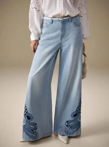 Selenza Women's Fashion Washed Pocket Loose Fit Jeans  Casual Street Patchwork Pocket Loose Wide Leg Jeans Women Jeans Baggy Loose Jeans - Blue - View 3