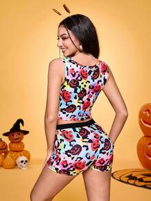 Notgurli Y2K Playful Girl Butterfly Print Cycling Shorts Women Pajama Set, Halloween - Multicolor - View 2