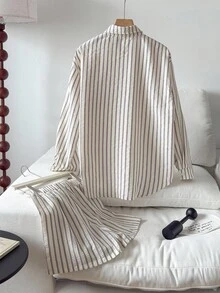 SHEIN 2 件套少女提花条纹衬衫和短裤套装，优雅的度假和通勤装 - 粉色 - 查看 2