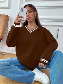 Flirla Women's Autumn Dropped Shoulder Long Sleeve Basic V-Neck Sweatshirt, Collegiate Style - Brown - View 3