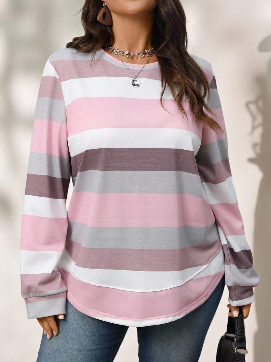 EMERY ROSE Plus Size Women Fal Casual Crew Neck Long Sleeve Striped Print Sweatshirt, Autumn/Winter,Fall,Winter Clothes For Women,Going Out Outfits,Fall Clothes For Women,Fall Outfits,2025 New Clothes,Casual Everyday Wear,Fall Long Sleeve Tops  For Women - Multicolor - View 1