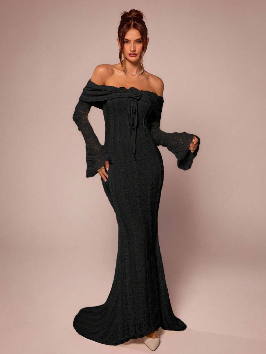 SHEIN BAE 茶歇装 甜美优雅长裙 露肩长袖连衣裙 约会装 3D花裙 - 黑色 - 查看 1