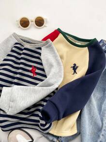 SHEIN 兒童男童 2件組 羅囊袖拼色刺繡圓領冬季運動衫，返校職業日秋季小男孩條紋上衣 - 彩色 - 查看 3