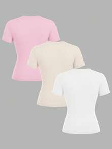SHEIN EZwear 3件套女士休闲紧身圆领长袖T恤套装，粉色、杏色、白色，适合夏季 - 彩色 - 查看 2