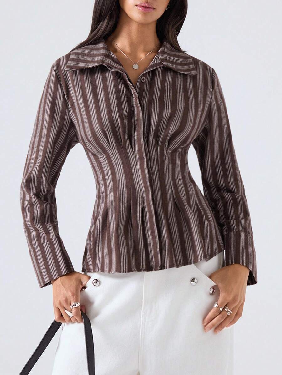 LYSMO LYSMO 2025 Nuevas llegadas de otoño Camisa de cintura a rayas casual/informal para mujer / Camisa con cintura / Corbata / Bordado / Divertido / Años 2000 / Lindo / Bohemio / Vacaciones / Casual de negocios para mujer / Estilo de hada / Ropa de fiesta / Ropa de aeropuerto / Blusas / Ropa formal / Ropa de vacaciones / Lindo / Estilo occidental / Estilo campestre / Pionero / Estilo minimalista / Camisas divertidas / Camisas para el otoño Blusa marrón