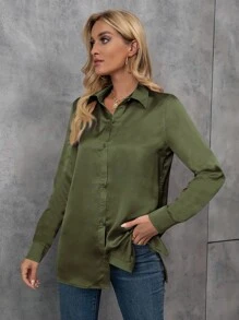 SHEIN 女式休闲纯色前扣长袖衬衫，秋季 - 軍綠色 - 查看 3