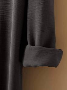 Omancia Pleated Long Button Down Oversized Women Shirt - Dark Grey - View 5