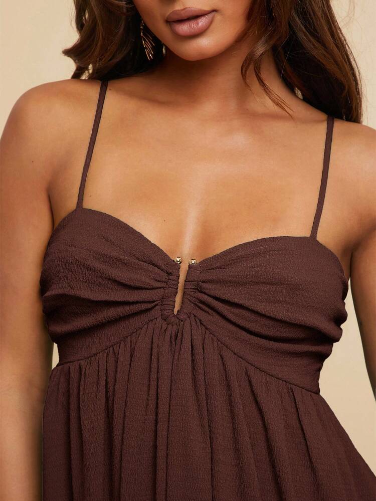 Travachic Women's Pleated Sleeveless Dress, Vacation Style, Beach Outfits For Woman,Women,Concert Outfit Women,Boho,Rave Outfits,Tropical Vacation, Festival, Boho Dresses For Women Tropical Dresses For Women Women Dresses , Old Money Style Women,Casual Woman Style, Chic Autumn,Going Out Outfit, Elegant Graduation Dress , Concert Outfit Women,Wedding Guest,National Day, Long Chocolate Brown Dress - Coffee Brown - View 2