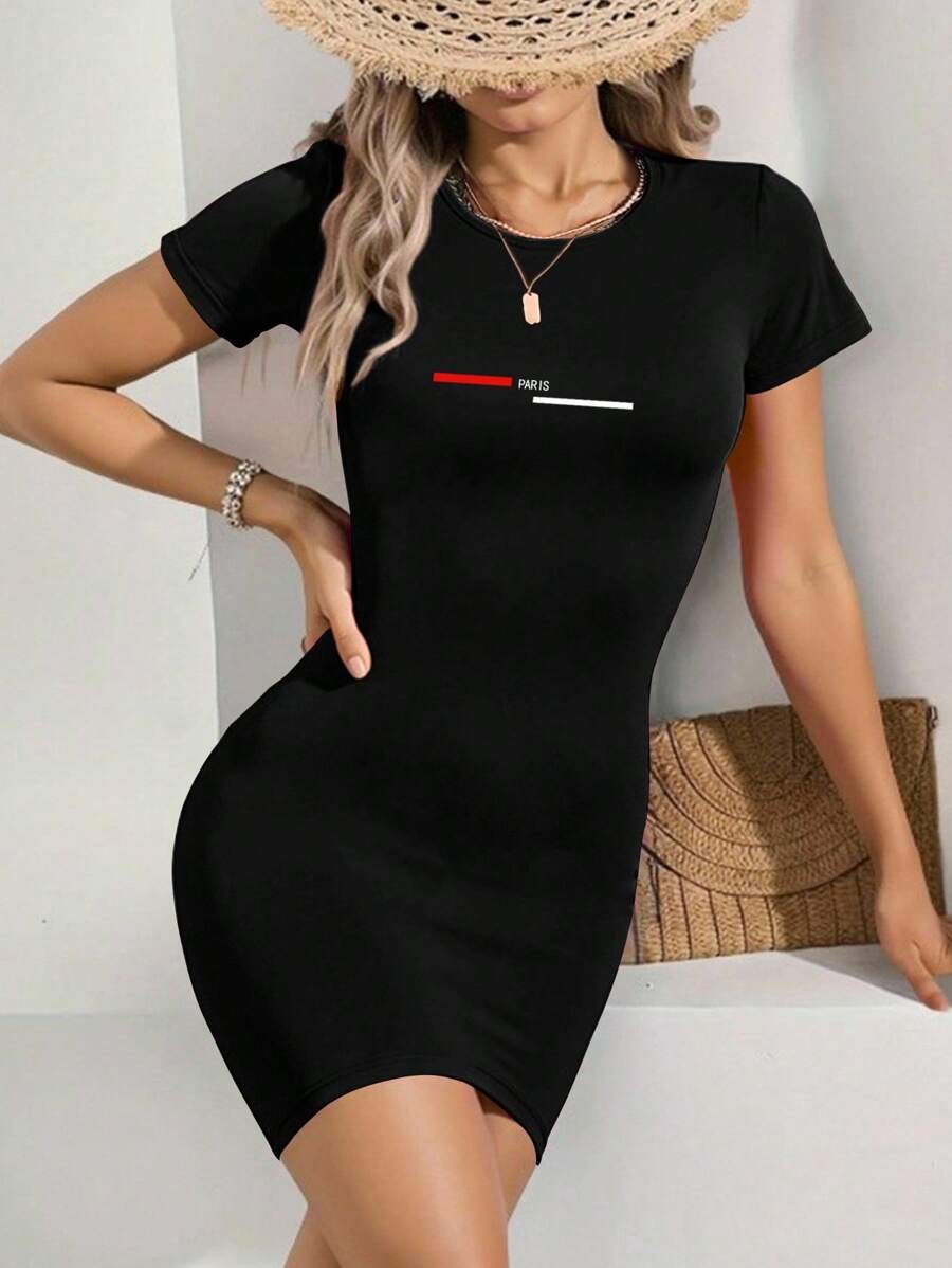 Women's Paris Pattern Short Sleeve Round Neck Knee-Length Dress, Machine Washable, Spring/Summer/Autumn - Black - View 1