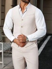 Manfinity Mode Bộ vest vest công sở cài nút phía trước cỡ lớn dành cho nam, áo khoác blazer & quần may đo & áo ba lỗ nam, trang phục vest 2 món - Màu Khaki - Xem 4