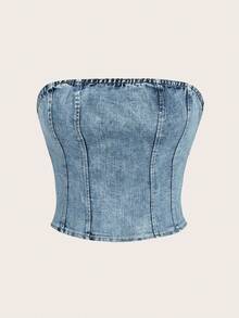 SHEIN MOD Women's Fashion Fitted Denim Tube Top, Suitable For Daily Wear - Medium Wash - View 2