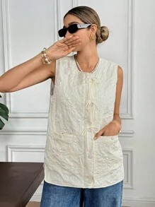SHEIN Frenchy Gilet sans manches pour femmes, couleur unie, avec décoration nœud en jacquard - Nude - Voir 6