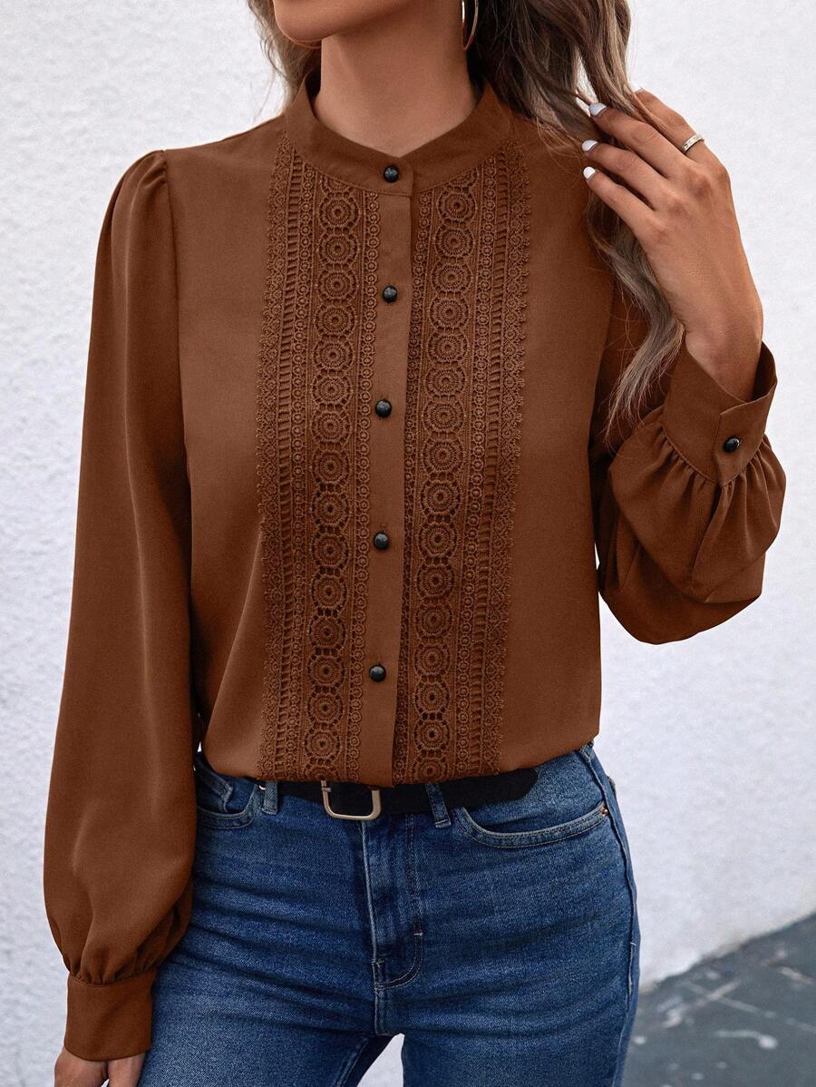 SHEIN Clasi 女士纯色前扣优雅办公室长袖衬衫 - 咖啡棕 - 查看 1
